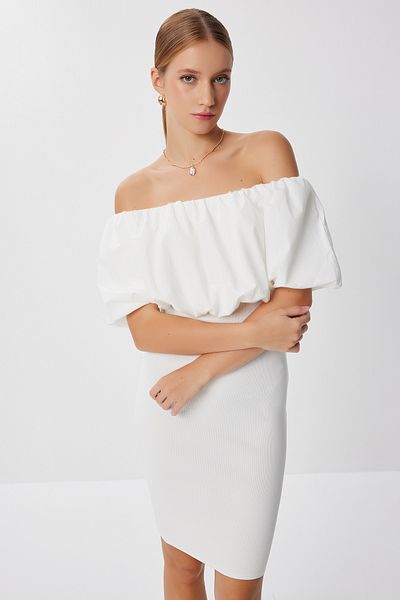 Lovelyİstanbul Carmen Collar Ribbed Knitwear Mini Dress Lns0078 Ecru