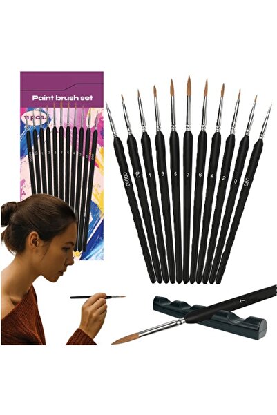 zola Set of 11 painting brushes with stand, sizes 000-7, synthetic bristles, wooden handle, 18.5 cm, black