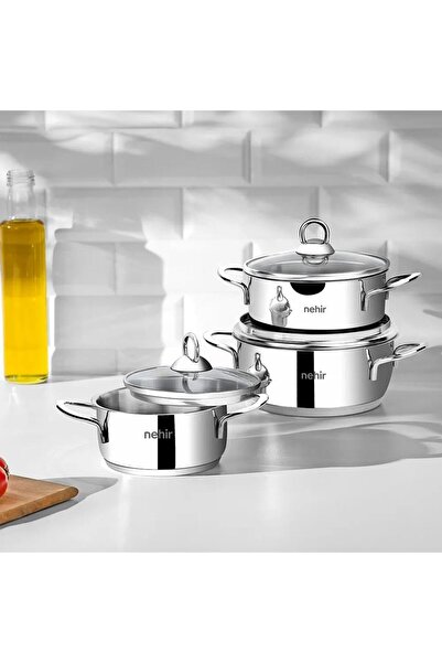 Hype Store Nehir Silver 6 Parça Paslanmaz Çelik Mini Tencere Seti (12-14-16 cm)
