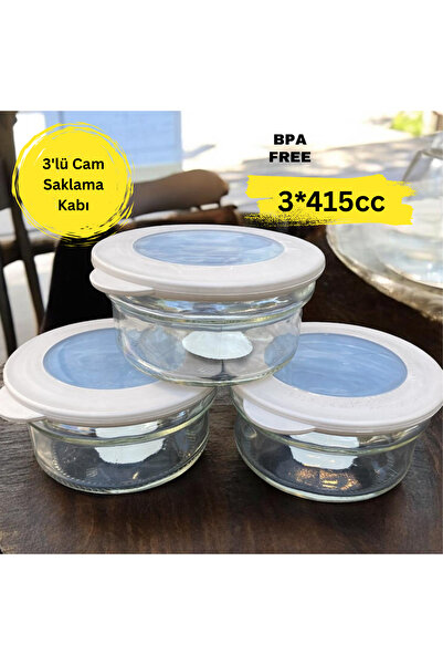 Home 3'lü Cam Saklama Kabı,3*415 cc,Silikon Kapak ,Kahvaltılık Seti,Sızdırmaz Kapak,