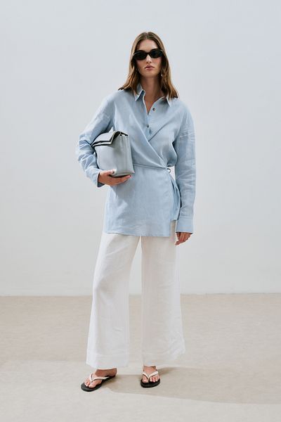 Manuka Linen Binding Detail Shirt Blue