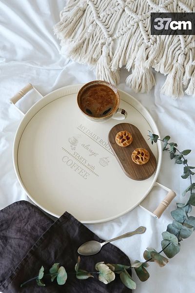 EVLE Set of 3 Round Metal Tray with Wooden Handles, Cream Set