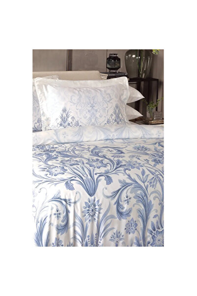 Valeron. Premium double bed linen set, Valeron, 7 pieces, Queen, 100% Egyptian cotton, white/blue