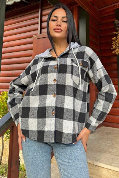 NEW LAVİVA Black & Gray Plaid Print, Soft Texture, Hooded Lumberjack Shirt