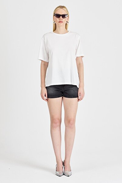 odelon Women's Back Detailed 100% Cotton Ecru T-Shirt