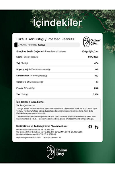 OnlineÇiftçi Tuzsuz Kavrulmuş Yer Fıstığı 400Gr
