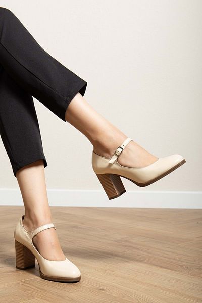 ANALİN SHOES Women's Genuine Leather Strappy Heeled Shoes - Beige Patent Leather