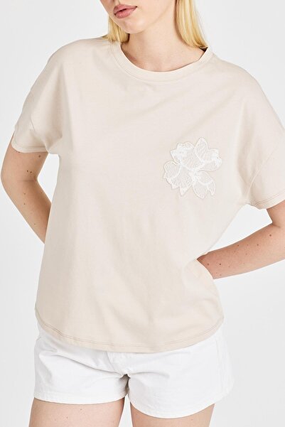 odelon Women's Lace Embroidered 100% Cotton Stone T-Shirt