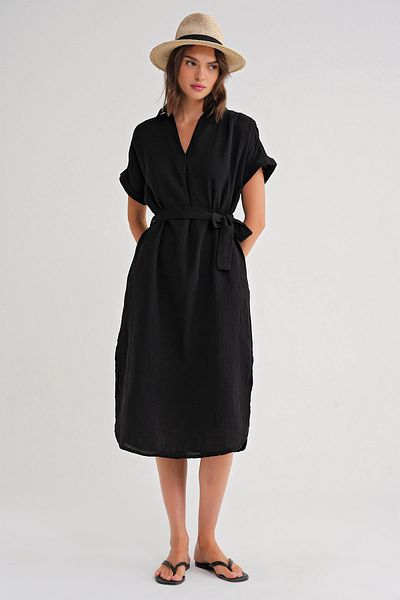 Mixray 4720 Women's Pleat Detailed Tie-Up V-Neck Muslin Dress Black