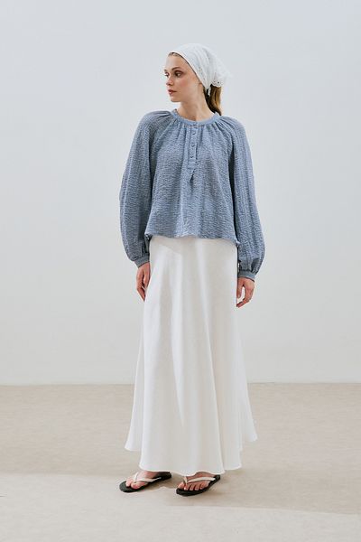 Manuka Textured Collar Buttoned Bluz Blue