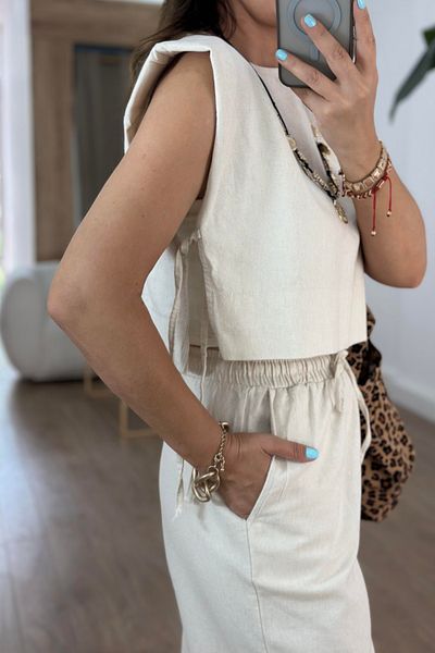Suzi 100% Linen Cropped Pants Suit with Binding Detail Cr4012