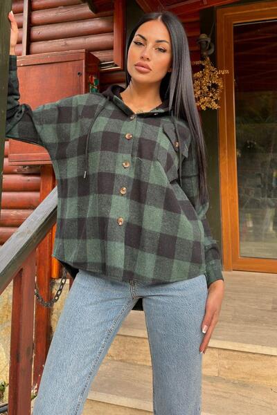 NEW LAVİVA Green Plaid Print, Soft Texture, Hooded Lumberjack Shirt