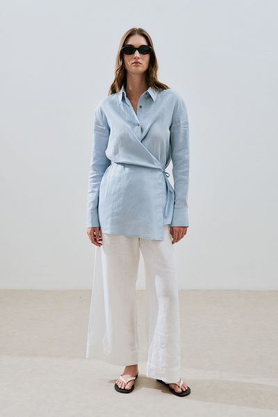 Manuka Linen Binding Detail Shirt Blue