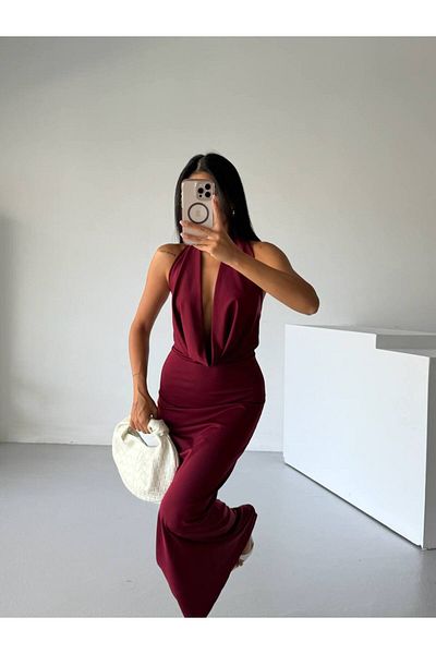 vuvutasarım New Season Shawl Collar Lycra Stretch Fabric Low-Cut Detailed Women's Maxi Dress 52225052