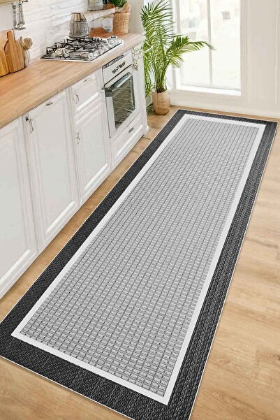 Decomia Home Dijital Kaymaz Yıkanabilir Antrasit Jüt Sisal Görünümlü Mutfak Halısı Salon Halısı Yolluk