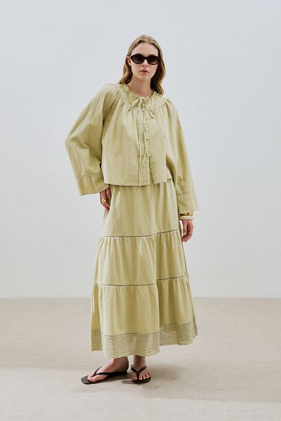 Manuka Textured Embroidered Short Bluz Soft Green