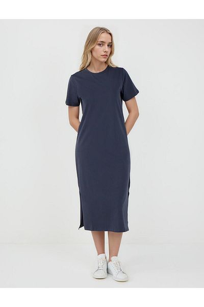 Jimmy Key Navy Blue 100% Cotton Round Neck Short Sleeve Midi Dress