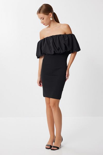 Lovelyİstanbul Carmen Collar Ribbed Knitwear Mini Dress Lns0078 Black
