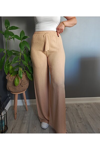 Butik Kadın Bej Bürümcük Kumaş Lastikli Pantolon