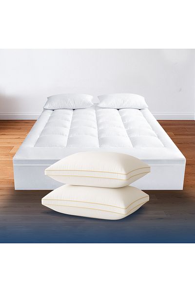 Medical Sleep مجموعة فاخرة من غطاء مرتبة من طبقتين 14 سم مصنوع من القطن بنسبة 100% + وسادتين للسرير 75 × 50 سم