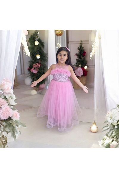 Ahsenimbebe Firfirli Long Children's Evening Dress with Sequence Embroidery