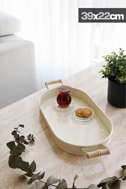 EVLE 3'lü Ahşap Kulplu Metal Baton Tepsi Seti