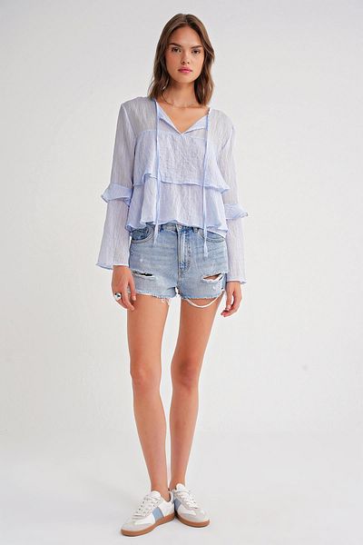 Mixray 4735 Women's Long Sleeve Ruffle Tie Blouse Baby Blue