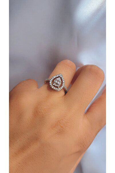 Çelik Gözyaşı Model Baget Taşlı Zirkon Kadın Gümüş Renk yüzük