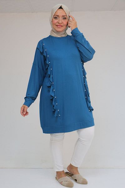 Eslina 58074 Large Size Ruffle and Stone Detailed Combed Cotton Tunic - Petrol