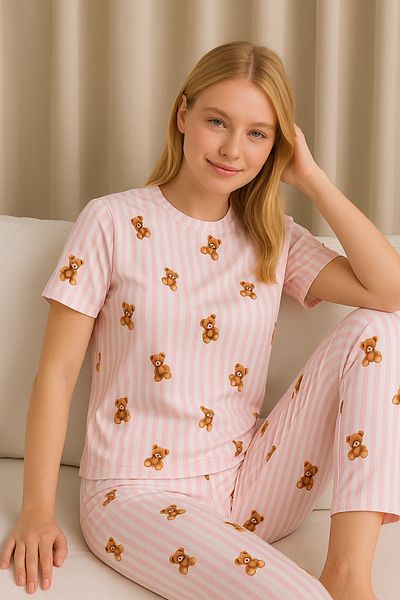 bendengiy Women's Short Sleeve Six Long Soft Textured Crew Neck Pajama Set
