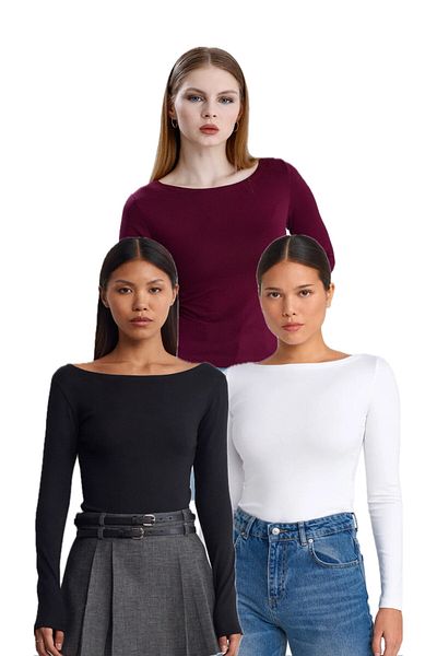 Bukamiss Boat Neck Long Sleeve 3-Piece Ball-Shirt Black White