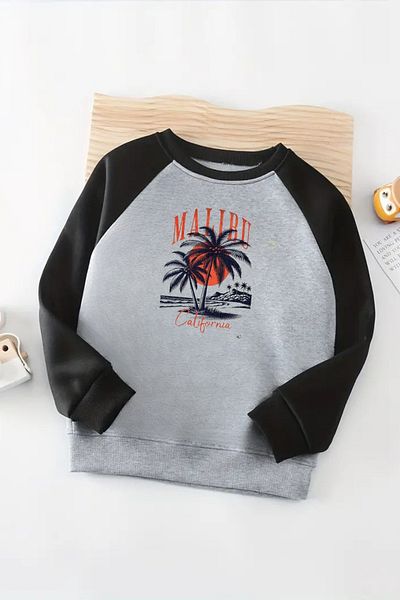 CLAYES Унисекс сиво-черно суитшърт с рамене – с принт Malibu California, дълги ръкави