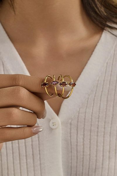 New Obsessions Steel Markis Zircon Stone Minimal Ring Set 2 Pcs
