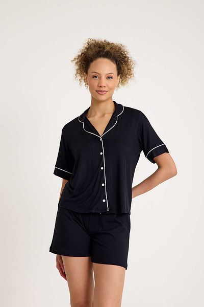 Dennis Denise Cotton Buttoned Piping Shorts Pajama Set