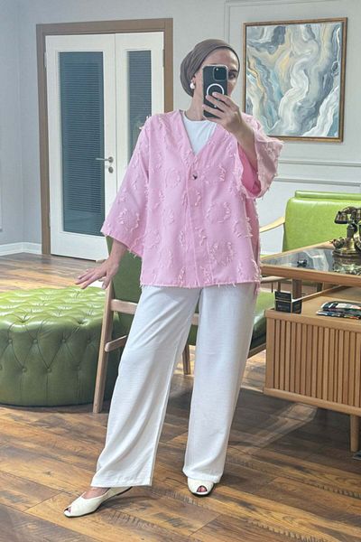 Hatun Atila Textured V-Neck Single Button Jacket and Wide Leg Pants Two-Piece Suit 8883 - Pink