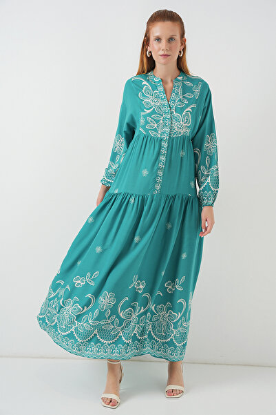 Merterium Women's Patterned Long Hijab Dress Mint 1155