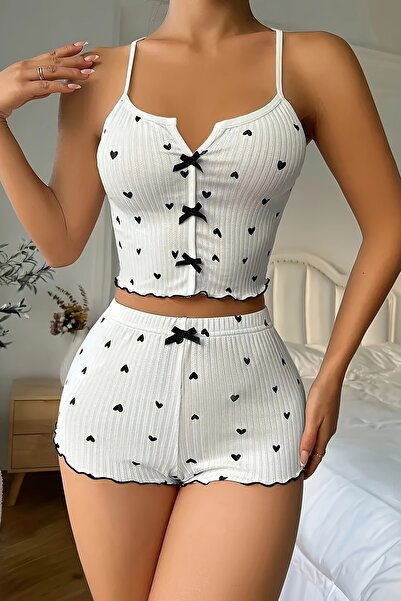 Merry See Özel Örme Kumaş Kalp Baskılı Şortlu Pijama Takımı