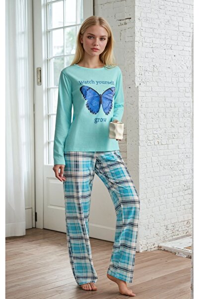 CARLA MARA Plaid Pattern Butterfly Printed Long Sleeve Pajama Set