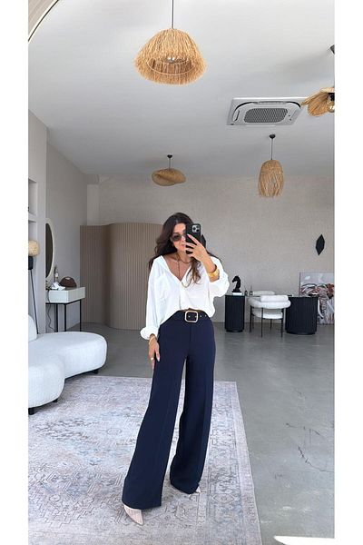 Buket Teke Navy Blue Belted Fabric Pants