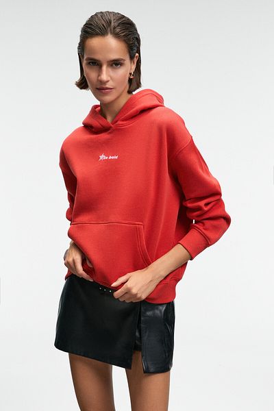 GRIMELANGE Melurea Women's Embroidered Hooded Comfort Fit Red Sweatshirt
