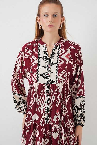 Merterium Rochie lungă hijab cu model pentru damă Roșu Claret 1155