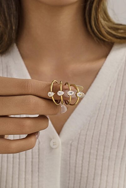 New Obsessions Çelik Damla Zirkon Taşlı Minimal Eklem Yüzük Seti 4 adet