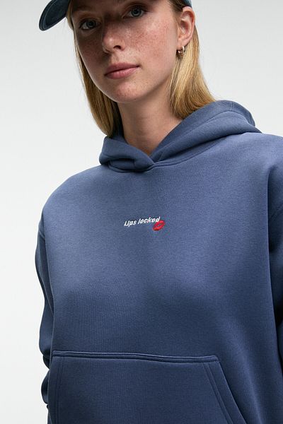 GRIMELANGE Melurea Women's Embroidered Hooded Comfort Fit Dark Blue Sweatshirt