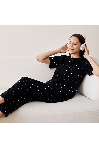 bendengiy Women's Short Sleeve Six Long Soft Textured Crew Neck Pajama Set
