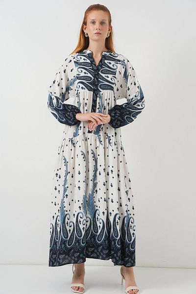 Merterium Women's Patterned Long Hijab Dress A.Navy Blue 1155