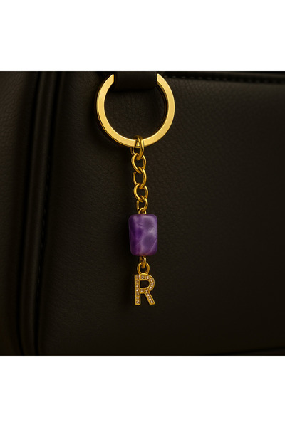 Han Ticarethane Gold Color Stone R Letter Purple Amethyst Stone Keychain Charm