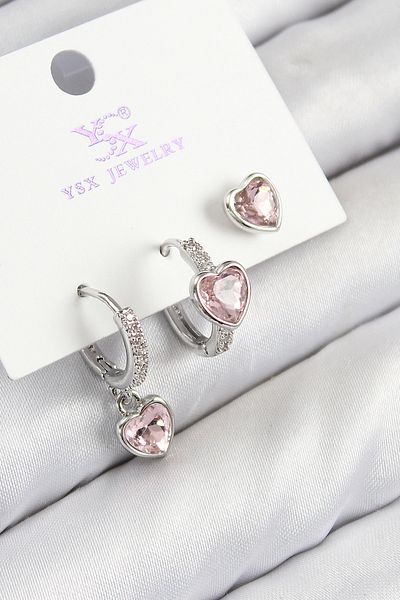 TT Tahtakale Toptancıları Brass Zircon Stone 3-Piece Pink Heart Model Silver Color Women's Earrings