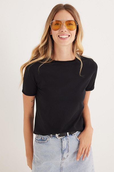 Tudors Women's Slim Fit Slim Fit 100% Cotton Crew Neck Black T-Shirt