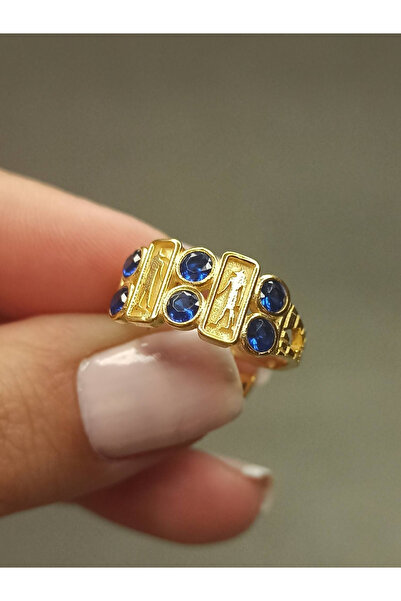 TREND 925 Ayar Gümüş Mavi Zirkon Taşlı Desenli Geniş Yüzük, Antil Mısır Temalı Gümüş Yüzük