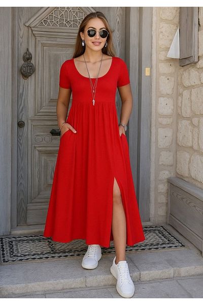 Little Visqon Women's Short Sleeve Round Neck Front Slit Pocket Viscose Long Dress